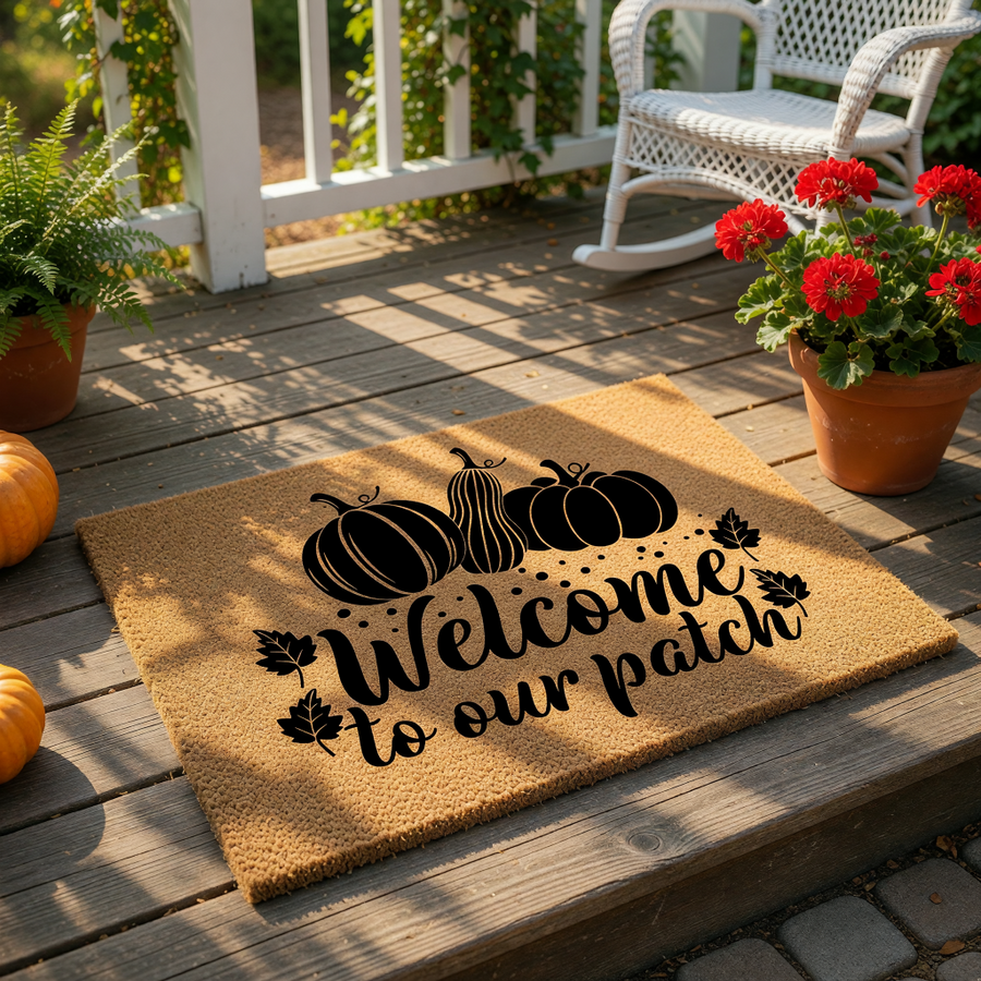 Fall pumpkin welcome doormat for front porch decor, featuring a natural coir fiber mat with black script text that reads Welcome to our patch, perfect for autumn home entryways and seasonal outdoor house decorations.