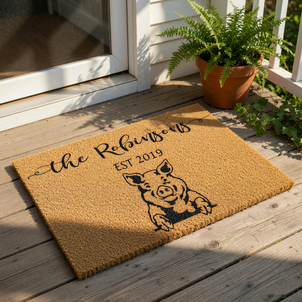 a black and white illustration of a pig, along with the text "The Robinsons EST 2019" printed on a beige background.