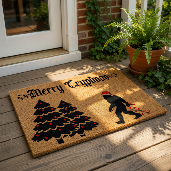 Merry Cryptmas Bigfoot doormat featuring a silhouette of the legendary creature wearing a Santa hat and carrying Christmas lights next to decorated pine trees, perfect for a funny holiday welcome mat or seasonal porch decor.