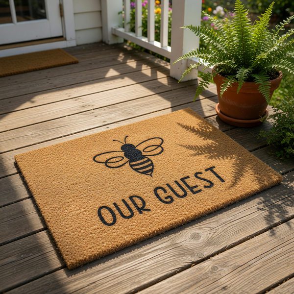 Bee Our Guest doormat made of natural coir fiber, featuring a black insect graphic and bold text for a front porch welcome mat, perfect for a farmhouse entryway, housewarming decor, or a stylish outdoor entrance floor rug.