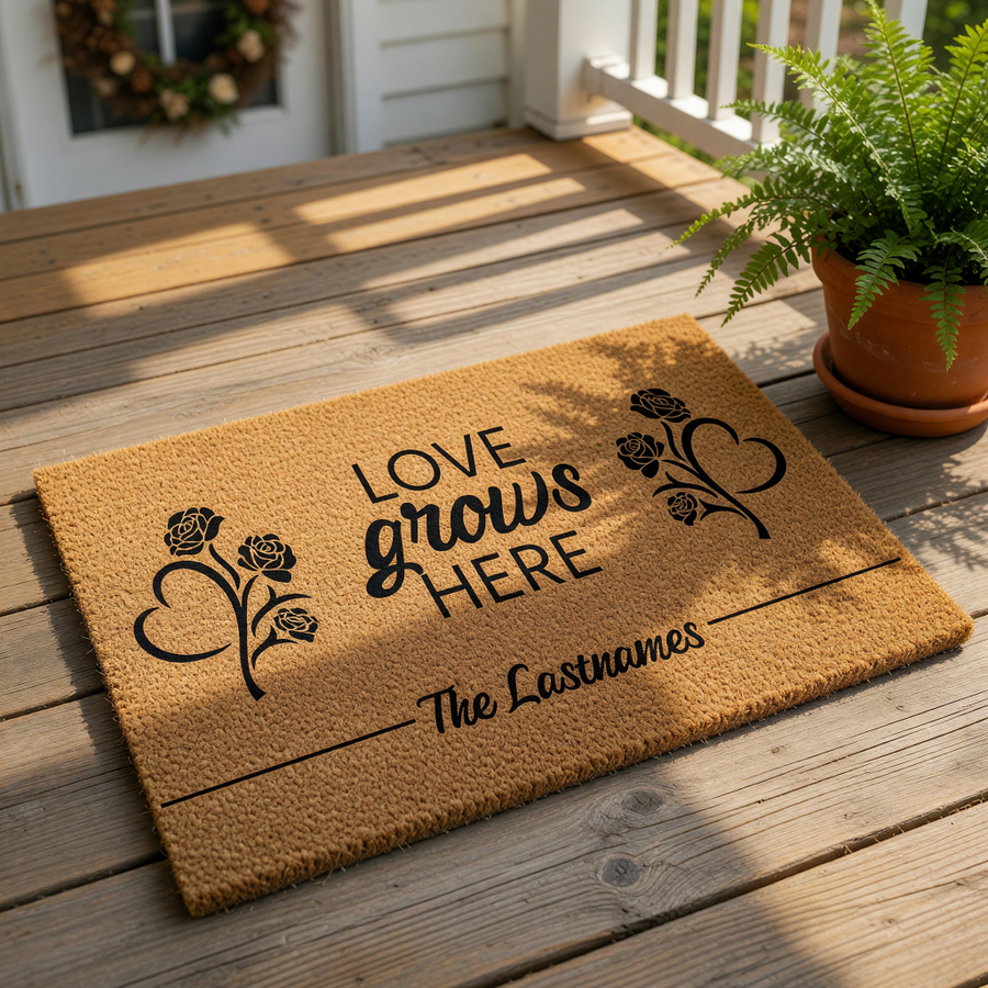 Personalized Love Grows Here doormat featuring a natural coir fiber texture with black floral heart designs, perfect as a custom family name welcome mat for a front porch, housewarming entry rug, or a stylish home decor entrance
