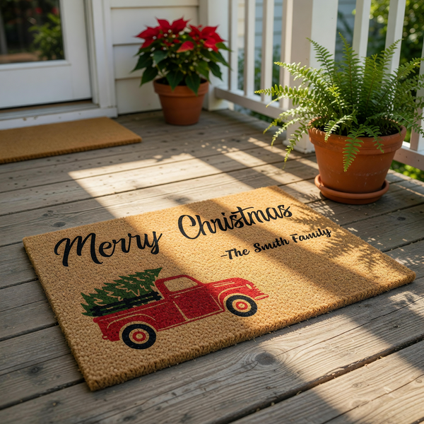 Personalized Christmas doormat featuring a red truck carrying a pine tree, this custom holiday welcome mat is made of natural coir fiber and is a festive home decor piece for your front porch during the winter holiday season.