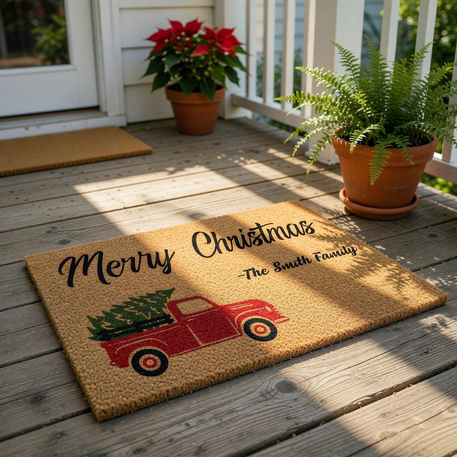Personalized Christmas doormat featuring a red truck carrying a pine tree, this custom holiday welcome mat is made of natural coir fiber and is a festive home decor piece for your front porch during the winter holiday season.