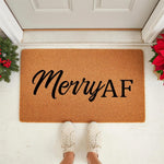 Funny Merry AF Christmas doormat for front porch decor, featuring bold black text on a natural coir fiber welcome mat, perfect for a festive holiday entryway with a humorous seasonal vibe for your home or apartment doorstep