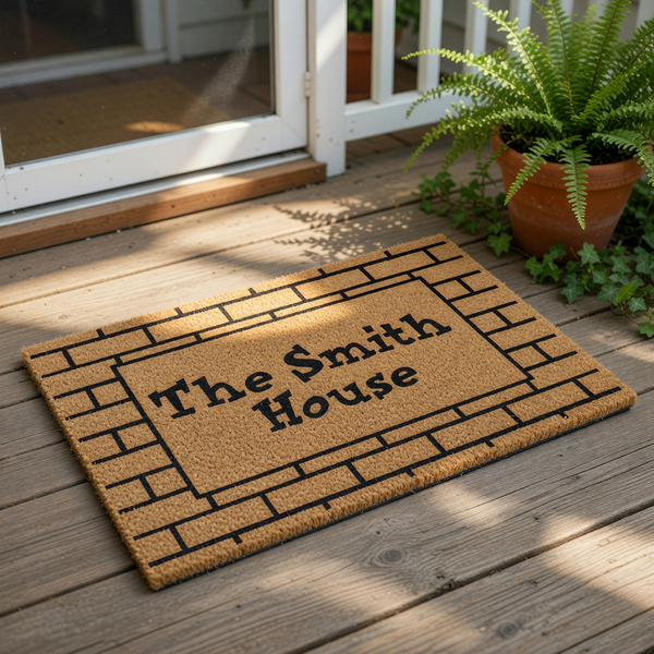 Personalized family name coir doormat featuring a brick pattern border and custom text, this durable outdoor welcome mat is a stylish housewarming entry rug for your front porch, entryway, or home decor entrance floor covering.