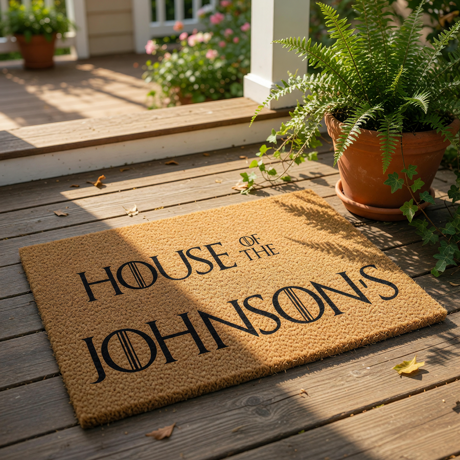 Personalized family name doormat featuring custom text on a natural coir fiber welcome mat, perfect for a front porch entry.