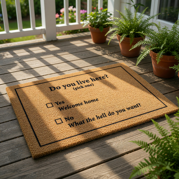 Funny doormat with a sarcastic checklist design that asks Do you live here with options for Yes Welcome home or No What the hell do you want, featuring a natural coir fiber texture on this durable outdoor welcome mat for your