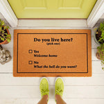 Funny doormat with a sarcastic message asking Do you live here? with checkboxes for Yes or No, featuring a natural fiber coir texture on a front porch, making this a humorous welcome mat for your home entrance and housewarming