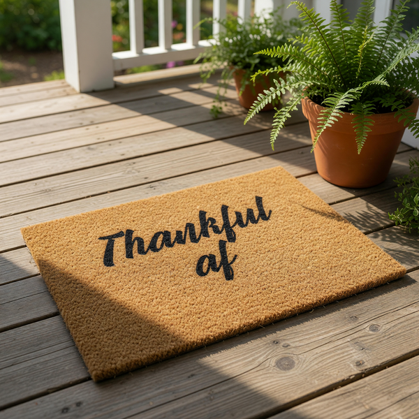 Thankful af doormat, a funny coir welcome mat for your front porch with bold black script text on a natural brown fiber rug, perfect for fall home decor, housewarming entryways, and humorous outdoor floor mat seasonal entryway