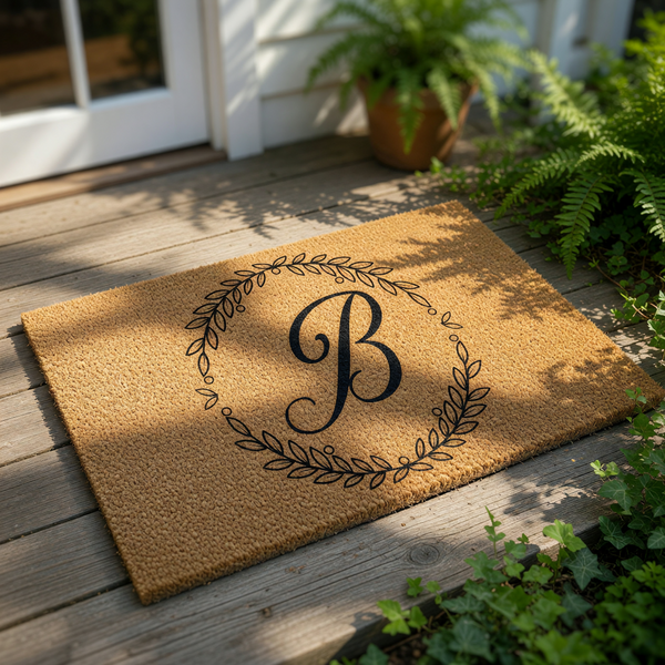 Personalized monogram doormat featuring a large black letter B inside a decorative leaf wreath design on a natural coir welcome mat, perfect for front porch decor, housewarming entryways, and custom home entrance floor mats.