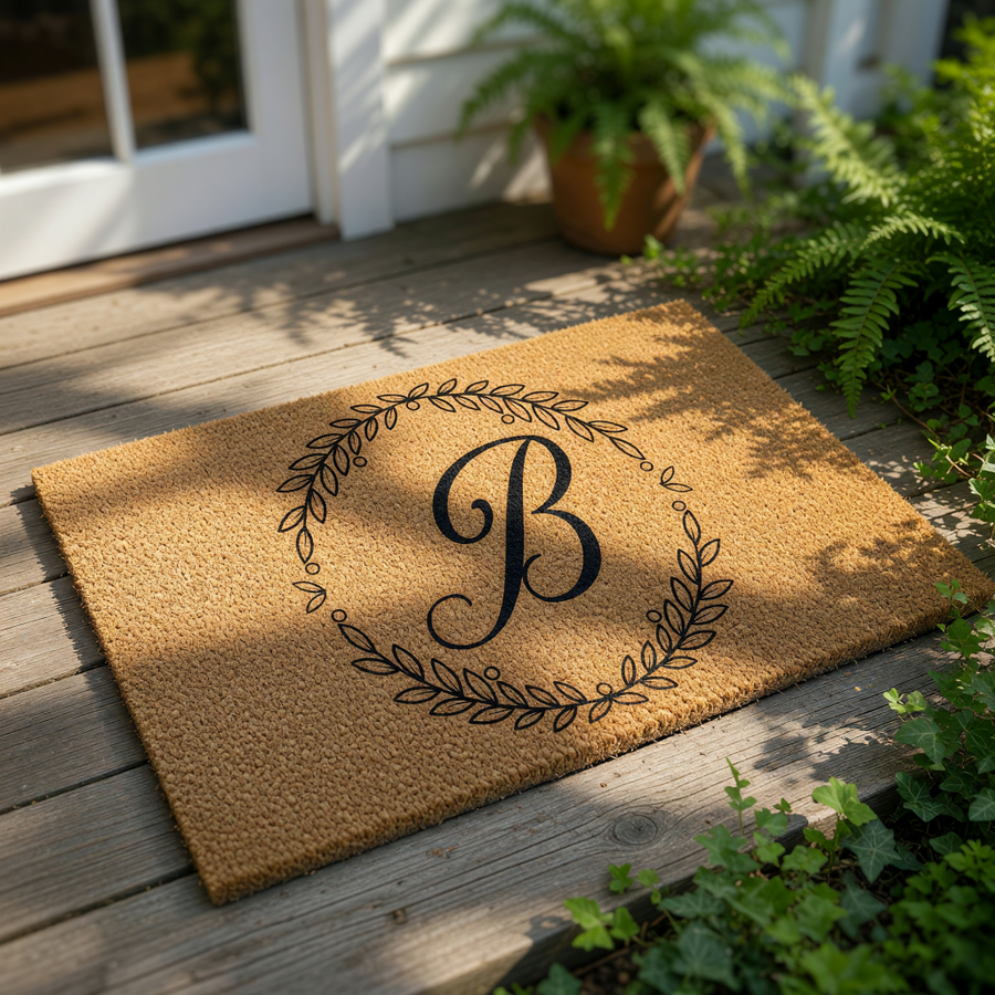 Personalized monogram doormat featuring a large black letter B inside a decorative leaf wreath design on a natural coir welcome mat, perfect for front porch decor, housewarming entryways, and custom home entrance floor mats.