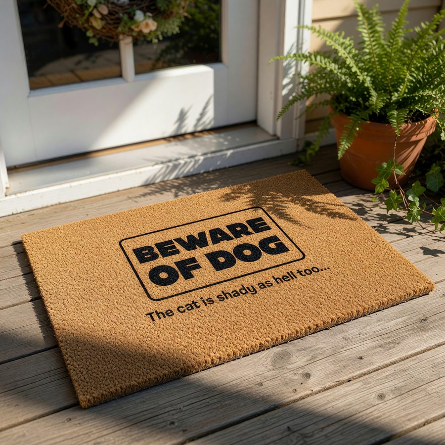 Funny Beware of Dog doormat with a cat is shady as hell too quote, featuring a natural coir fiber welcome mat for front porch decor that makes a humorous housewarming gift for pet owners who love sarcastic home entrance rugs.
