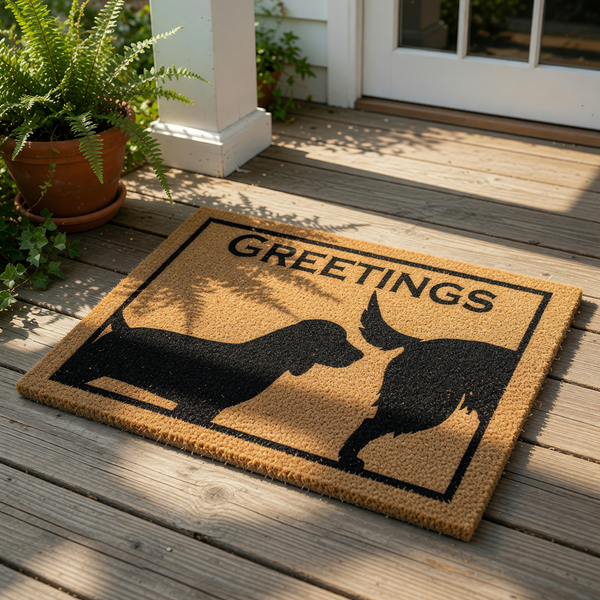 Funny dog butt greetings doormat featuring a silhouette of two dogs sniffing each other, this natural coir fiber welcome mat is a humorous front porch decor piece for dog lovers and pet owners looking for a unique entryway floor