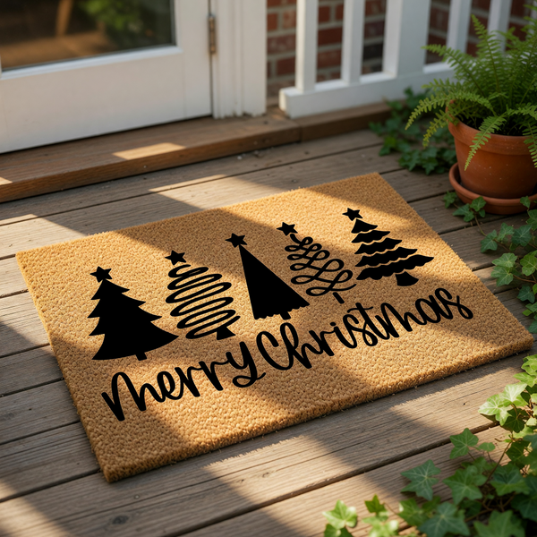 Merry Christmas doormat featuring five unique black pine tree silhouettes on a natural coir fiber mat, creating a festive holiday welcome mat for your front porch decor that adds seasonal cheer to any home entryway or house