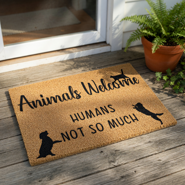 Funny Animals Welcome Humans Not So Much doormat featuring black cat and dog silhouettes on a natural coir fiber welcome mat, perfect for pet lovers looking for a humorous front porch rug or entryway floor mat for their home.