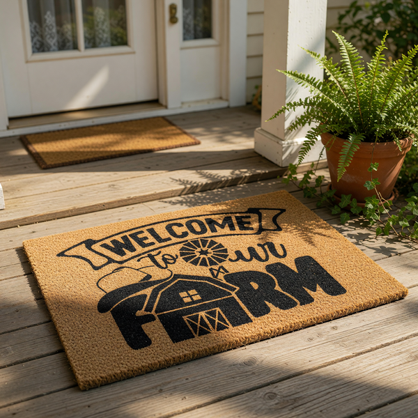 Farmhouse Welcome Doormat featuring a rustic barn, windmill, and cowboy hat design on natural coir fiber.