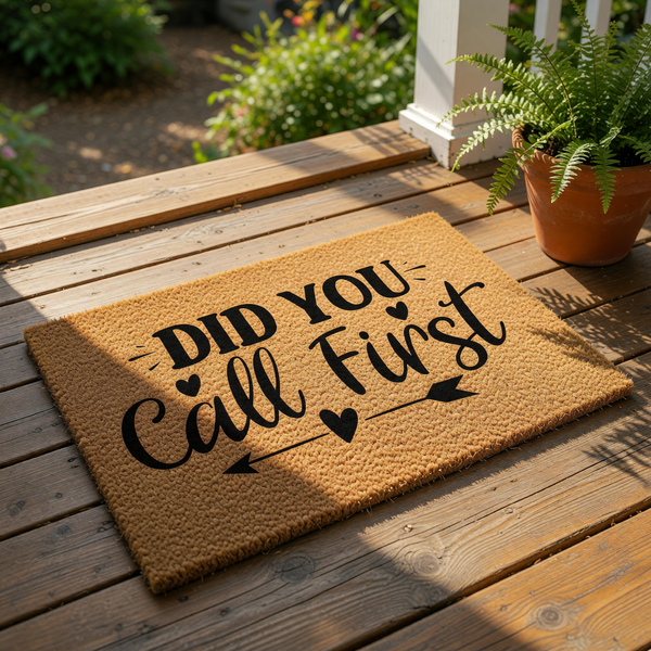Did You Call First funny doormat with black text and arrow design on a natural coir fiber welcome mat, perfect for front porch decor or a housewarming gift for someone who loves humorous home entry mats and sarcastic door decor.