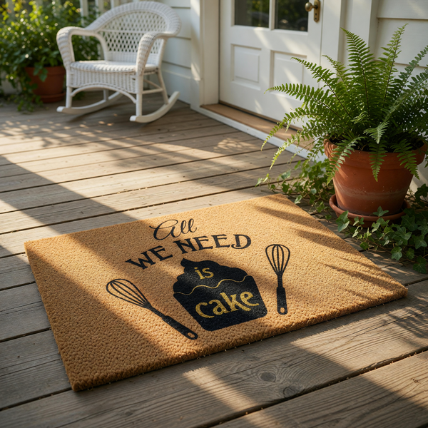 All We Need Is Cake doormat featuring a cute cupcake and whisk design on natural coir fiber, this funny kitchen welcome mat is a great housewarming decor piece for bakers and dessert lovers who enjoy unique home entry floor rugs.
