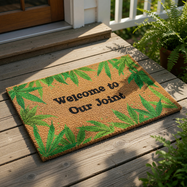 Welcome to Our Joint doormat featuring green cannabis leaf illustrations on a natural coir fiber welcome mat, perfect for a funny front porch entrance or a housewarming gift for friends who enjoy humorous home decor and weed