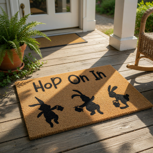Easter bunny doormat with Hop On In text and three black rabbit silhouettes carrying baskets, this natural coir fiber welcome mat is a festive spring front porch decor piece for your home entrance and seasonal entryway floor.