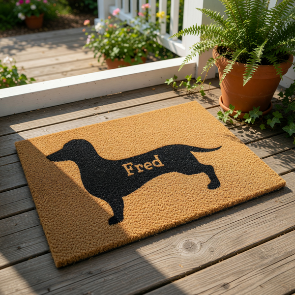 Personalized Dachshund doormat featuring a black silhouette of a long-bodied dog on a natural coir fiber welcome mat, providing a durable outdoor floor rug for dog lovers to decorate their front porch or entryway with style.