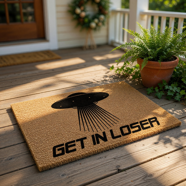UFO alien doormat featuring a black flying saucer graphic and the text Get In Loser, this funny coir welcome mat is a quirky outdoor floor rug for sci-fi fans who want a humorous entrance decor piece for their home or apartment