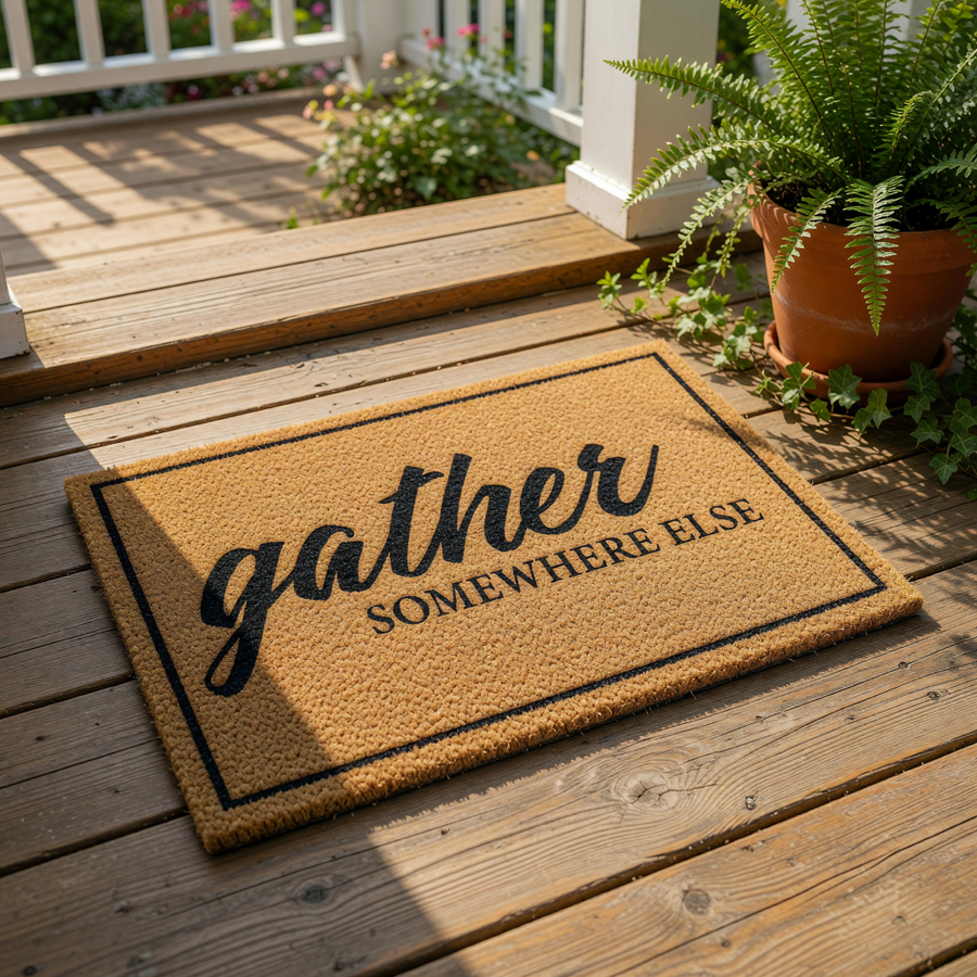 Funny Gather Somewhere Else doormat made of natural coir fiber with a black border, serving as a sarcastic outdoor welcome mat for your front porch or entryway that adds a humorous touch to your home decor and housewarming