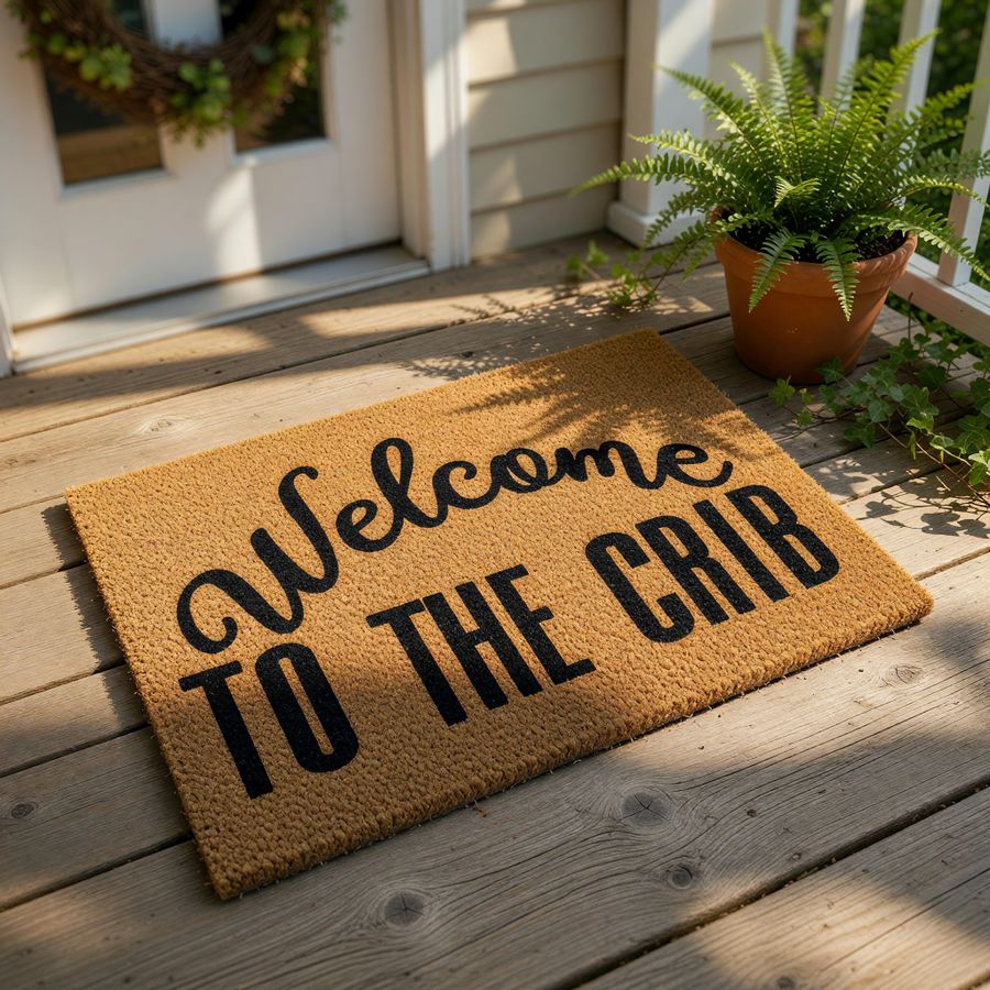 Welcome to the crib doormat featuring bold black typography on a natural coir fiber mat, this funny front door rug makes a stylish housewarming gift for new homeowners or apartment dwellers looking for unique home decor entry