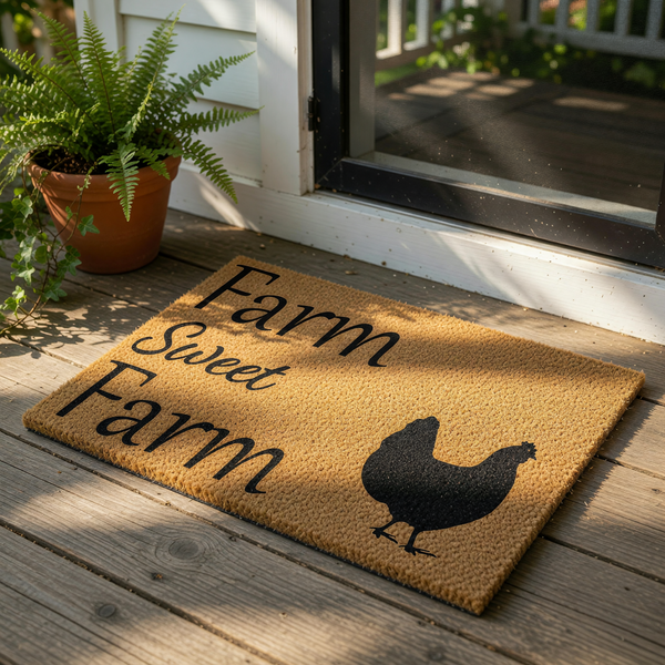 Farm Sweet Farm coir doormat featuring a black chicken silhouette, this rustic farmhouse welcome mat is made from natural coconut fiber and is a perfect outdoor floor rug for your front porch or entryway decor.