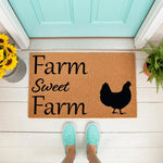 Farm Sweet Farm chicken doormat featuring a rustic coir welcome mat design with a black hen silhouette, perfect for farmhouse porch decor, front door entryways, and country home style outdoor floor mats for a cozy, inviting