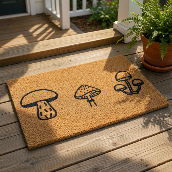 Mushroom doormat with a natural coir fiber texture featuring three black line art fungi illustrations, this outdoor welcome mat is a stylish cottagecore home decor piece for your front porch entrance or entryway floor decor.
