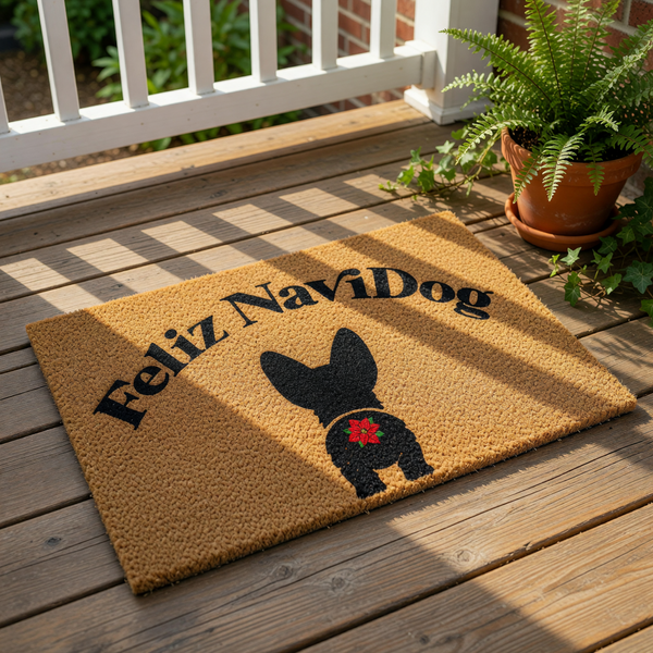 Feliz NaviDog Christmas doormat featuring a black dog silhouette with a red poinsettia flower on its back, printed on a natural coir welcome mat for holiday home decor, perfect for pet lovers and festive front porch entryway.