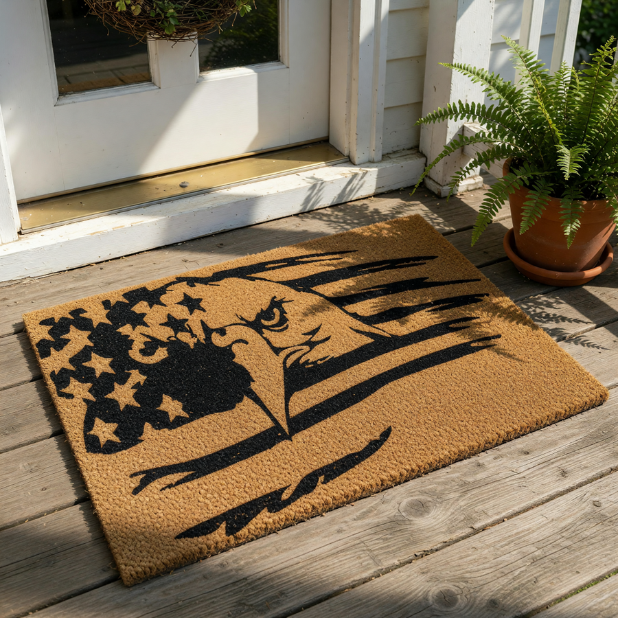 American eagle flag doormat featuring a patriotic bird design on natural coir fiber, this outdoor welcome mat serves as a durable front porch rug with a bold black graphic print for a rustic home entrance or housewarming decor.