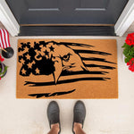 American Eagle Flag Doormat featuring a bold black bald eagle and star design on natural coir fiber, this patriotic outdoor welcome mat adds a rustic touch to your front porch decor for a house entrance or entryway floor.