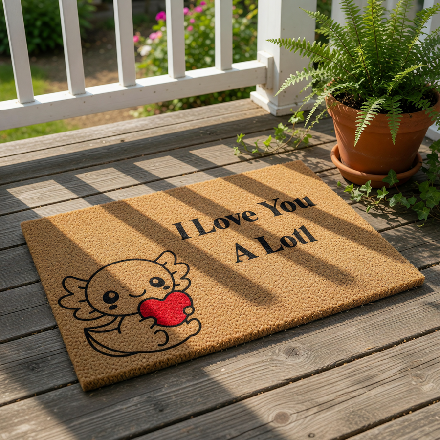 Axolotl welcome doormat featuring a cute cartoon salamander holding a red heart with the text I Love You A Lotl, this natural fiber coir entry mat is a fun decorative floor rug for your front porch or home entryway decor.