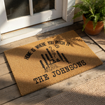 Personalized camping doormat with a forest and tent design, featuring the text Home Is Where You Pitch It and a custom family name.