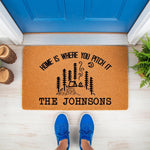 Personalized camping doormat with a forest and tent design, featuring the phrase Home Is Where You Pitch It on a natural coir welcome mat, perfect for outdoor porch decor or a custom housewarming entry rug for nature lovers.