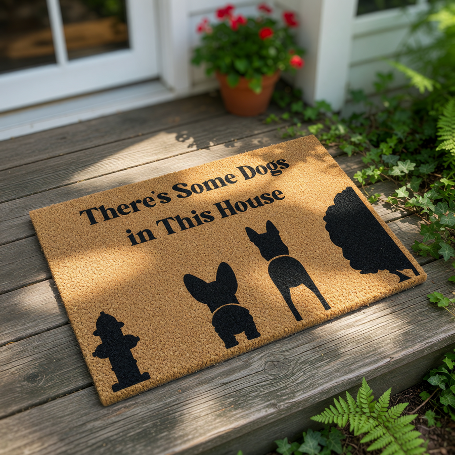 Funny dog doormat with a natural coir texture featuring black silhouettes of a fire hydrant, two dogs, and a bush, with the text There is Some Dogs in This House printed on this durable outdoor welcome mat for pet lovers and home