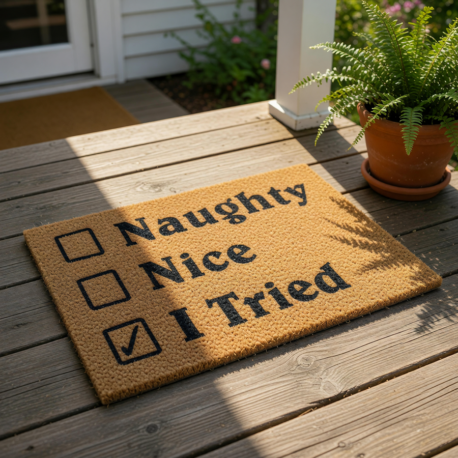 Funny Naughty Nice I Tried doormat made of natural coir fiber, featuring a checklist design with a checkmark next to I Tried, perfect for a humorous holiday front porch welcome mat or a festive seasonal home decor entrance rug.