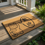 Lucky cat welcome doormat featuring a waving feline illustration and a speech bubble with Asian characters, this natural coir fiber floor mat serves as a decorative entryway rug for your home, porch, or front door decor needs.