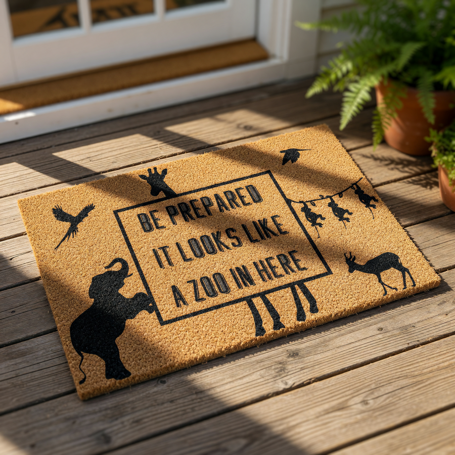 Funny zoo animal doormat featuring an elephant, giraffe, and monkeys with the text Be Prepared It Looks Like A Zoo In Here, this natural coir welcome mat is a humorous home decor piece for families with kids or animal lovers.