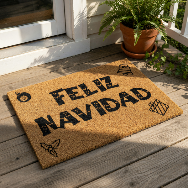 Feliz Navidad Christmas doormat with festive holiday icons like a bell, ornament, and gift box printed on natural coir fiber, making a stylish outdoor welcome mat for your front porch decor during the winter holiday season.