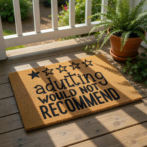 Funny adulting doormat with a five-star rating design that says would not recommend, featuring bold black text on a natural coir fiber welcome mat for a humorous home entrance, front porch decor, or a unique housewarming