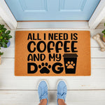 Dog lover welcome doormat with coffee theme, featuring a natural coir fiber mat on a porch with a funny quote about coffee and dogs, perfect for pet owners who love caffeine and their furry friends in a stylish front door