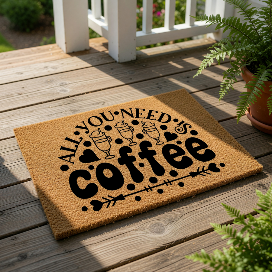 Coffee lover doormat with a natural coir texture featuring black text that reads All You Need Is Coffee, decorated with cute coffee mug icons and hearts for a stylish kitchen or front porch entryway decor welcome mat design.