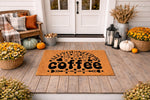 Coffee lover welcome doormat featuring a fun typography design on a natural coir fiber mat, perfect for a fall porch decor setup with pumpkins and lanterns, making this a stylish outdoor entrance rug for any caffeine enthusiast