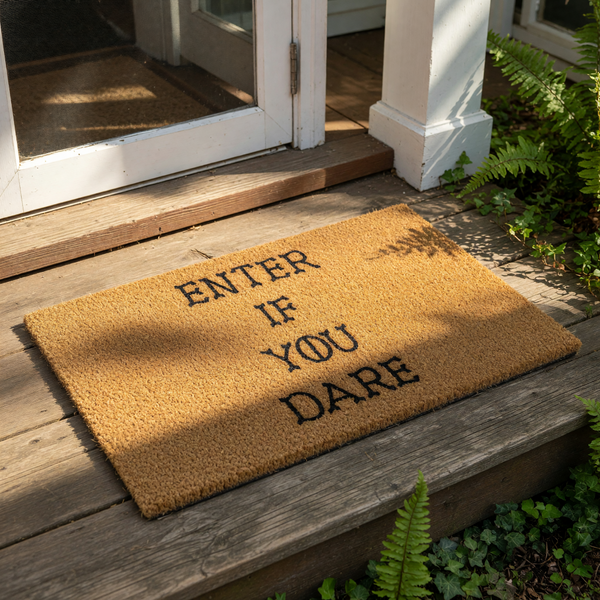 Enter If You Dare coir doormat featuring bold black text on a natural fiber welcome mat, perfect for a spooky front porch decor, Halloween entryway rug, or funny housewarming gift for those who love gothic home style and outdoor