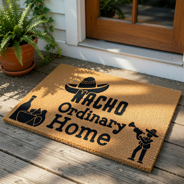 Nacho Ordinary Home doormat featuring a funny pun design with a sombrero, chips, salsa, and a musician, this natural coir fiber welcome mat is a humorous front porch decor piece for any house entrance or apartment entryway.