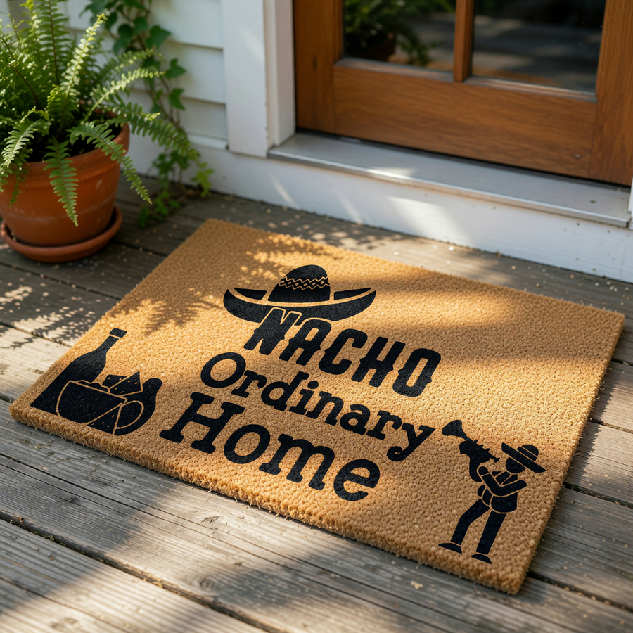Nacho Ordinary Home doormat featuring a funny pun design with a sombrero, chips, salsa, and a musician, this natural coir fiber welcome mat is a humorous front porch decor piece for any house entrance or apartment entryway.
