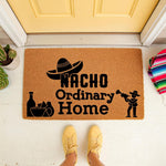 Nacho Ordinary Home doormat featuring a sombrero, chips, and a musician icon on natural coir fiber, perfect for a funny front porch welcome mat or housewarming decor that adds a playful touch to your entryway floor.